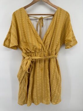 Lena Mustard Yellow V-Neck Tie-Waist Mini V Back & front Boho Western Dress Sz M